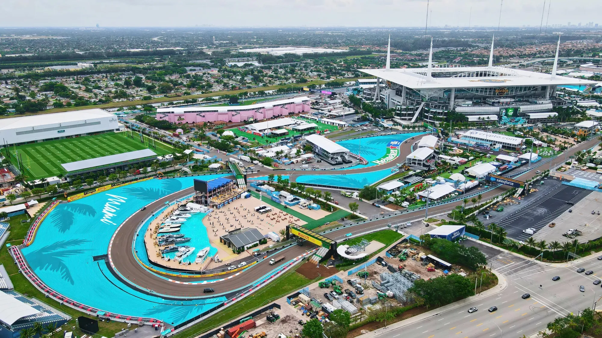 Formula 1 cars at the Miami International Autodrome during the Miami Grand Prix