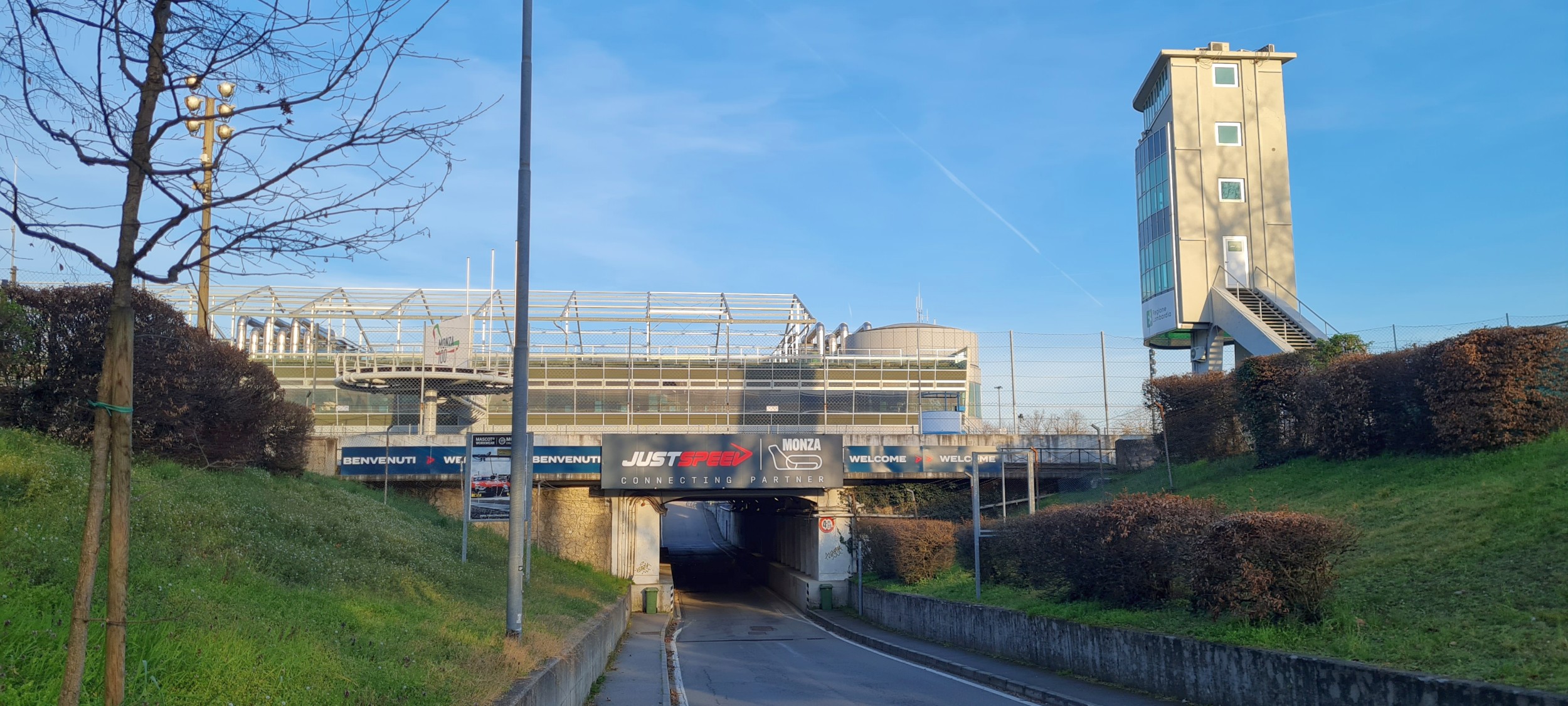 The welcome tunnel and control tower at Autodromo Nazionale Monza