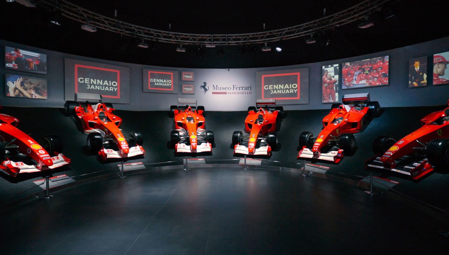 Championship Ferraris in the Victory Hall at Museo Ferrari, Maranello
