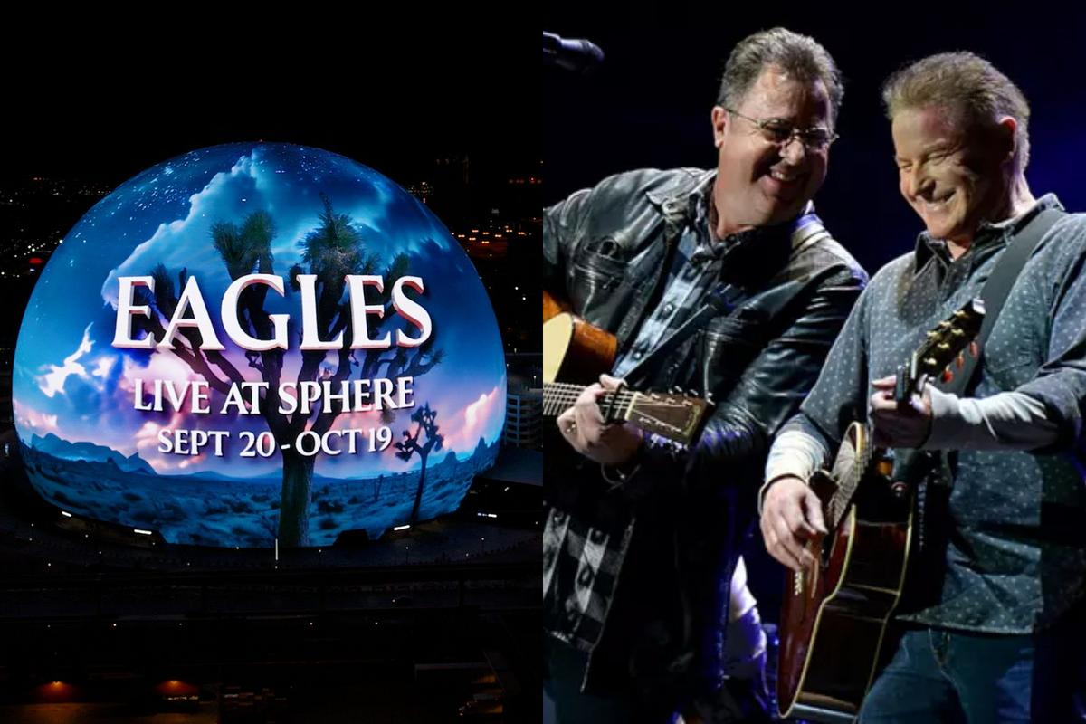 Sphere in Las Vegas lit up with the Eagles Live at Sphere artwork, alongside two Eagles members performing on guitar