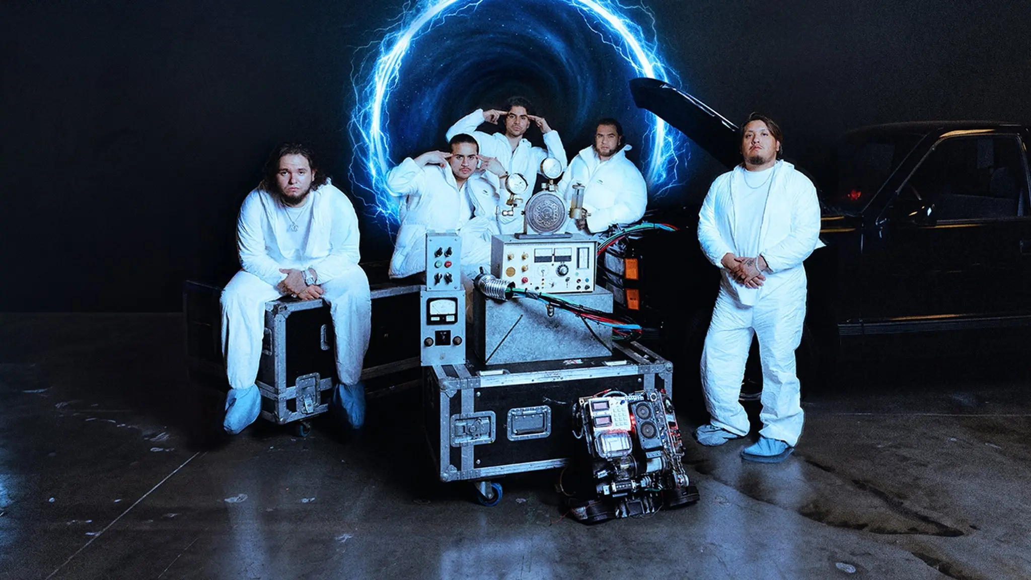 The members of Fuerza Regida in matching white outfits posed around stage equipment and a car